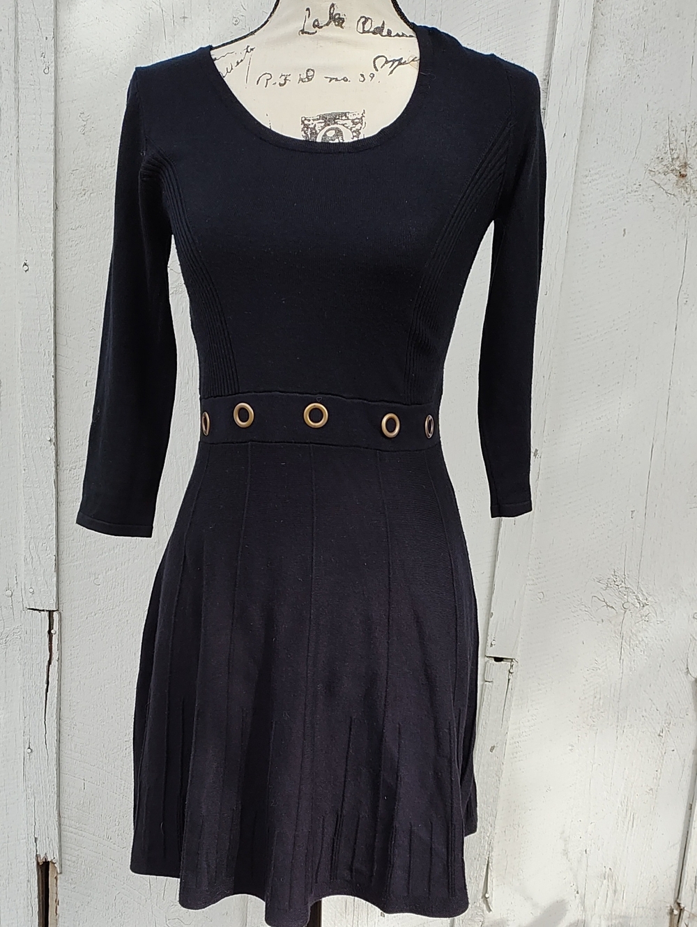 BCX Black 3/4-Sleeve Fit & Flare Dress with Grommet Waistband, 80% Rayon